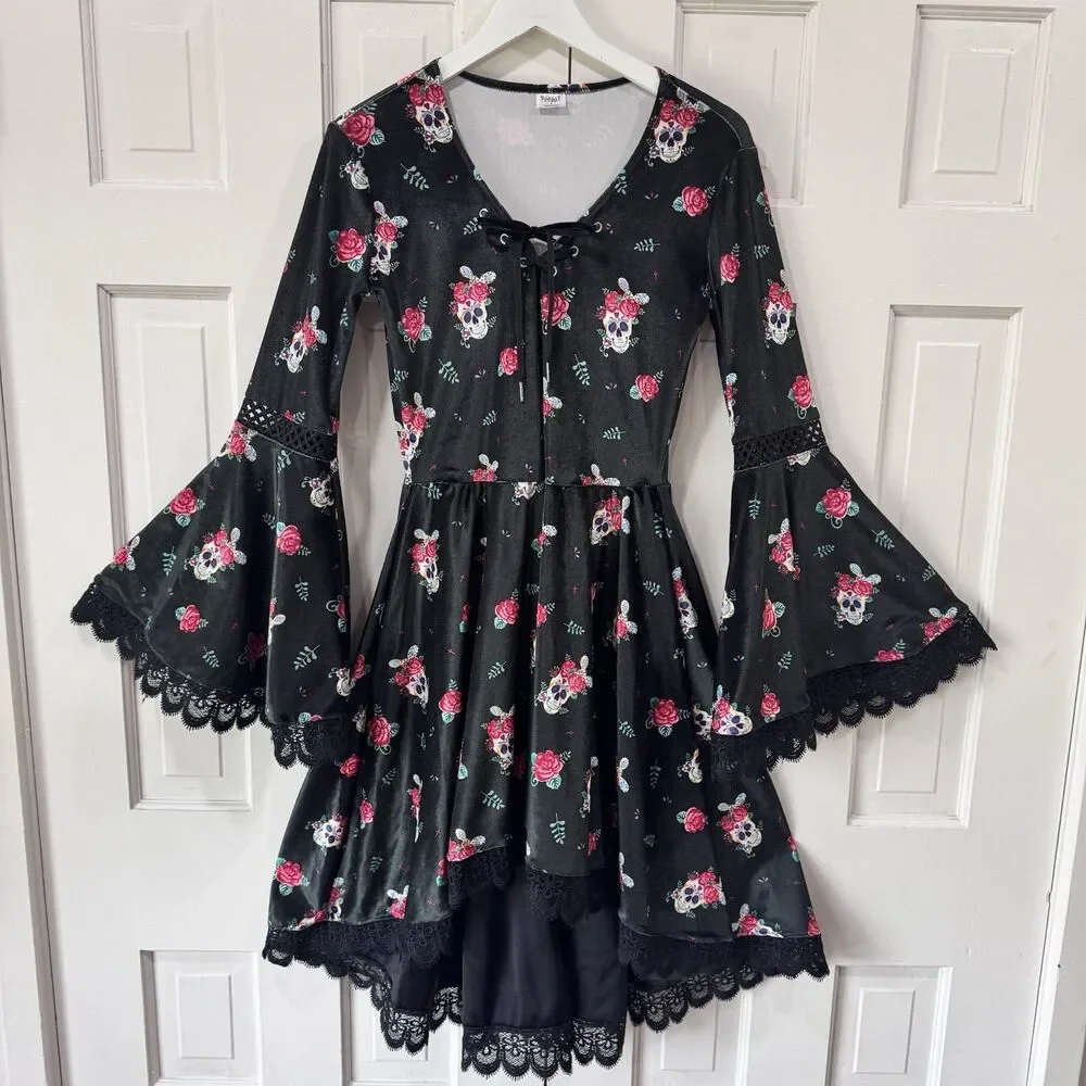Gothic Black Velvet Sugar Skull Floral Lace Trim Dress Costume Goth Grunge Small - Picture 2 of 13